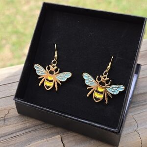 Cottagecore Gold Metal and Blue Enamel Bee Earrings